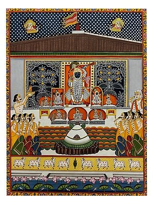 Gopashtami Shrinathji With Devotees | Natural Color On Cloth | By Dheeraj Munot