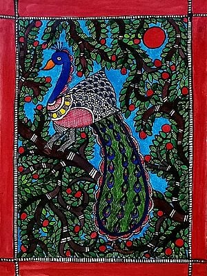 Beautiful Peacock On Branch | Cow Duck Coated On Ivory Sheet | By Ruchi Agnihotri