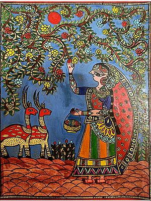 Lady Plucking Flowers | Cow Duck Coated On Ivory Sheet | By Ruchi Agnihotri