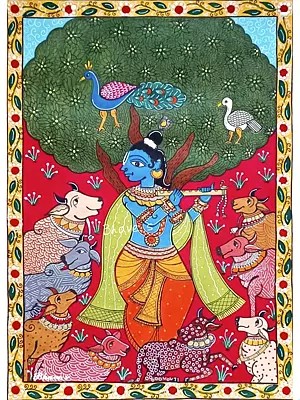 Lord Krishna In Nandanvan | Acrylic On Handmade Paper | By Shrutee Bhave