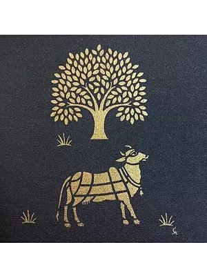Cow With Tree In Braj | Gold Paint On Stretched Canvas | By Kiran Java