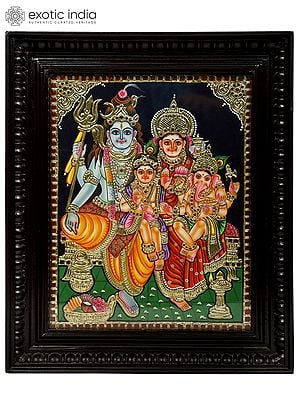 18" Shiva Family | 24 Karat Gold Work | Framed Tanjore Painting