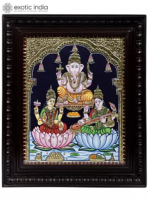 Lakshmi Ganesha Saraswati Framed Tanjore Painting | 24 Karat Gold Work