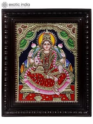Blessing Goddess Lakshmi | 24 Karat Gold Work | Framed Tanjore Painting