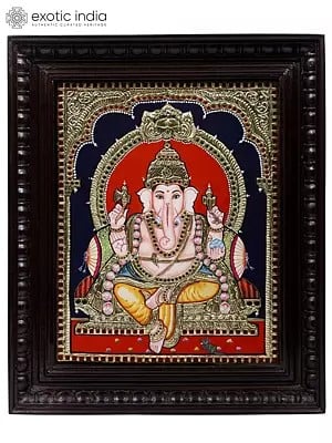 Blessing Lord Ganesha | 24 Karat Gold Work | Framed Tanjore Painting