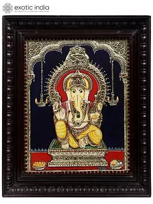 Lord Ganapati Seated on Kirtimukha Throne | 24 Karat Gold Work | Framed Tanjore Painting