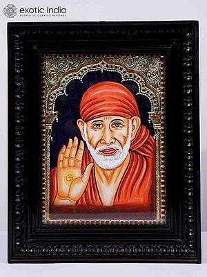 Blessing Sai Baba | 24 Karat Gold Work | Framed Tanjore Painting