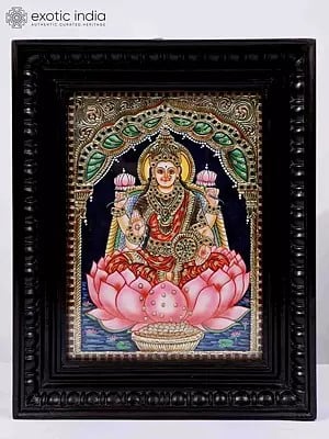 Devi Lakshmi Seated on Lotus Framed Tanjore Painting | 24 Karat Gold Work