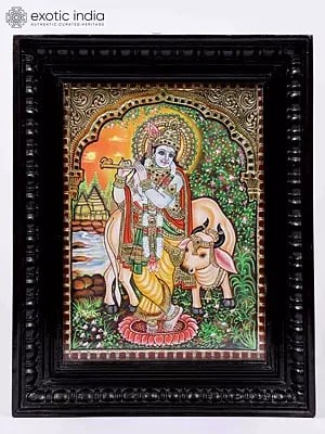 Venugopal Krishna With Cow | 24 Karat Gold Work | Framed Tanjore Painting