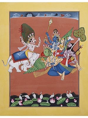 Lord Krishna Bringing The Parijaat Tree from Indra's Heaven | Watercolor on Paper