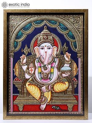 Chaturbhuja Lord Ganesha Seated on Throne | 24 Karat Gold Work | Framed Tanjore Painting