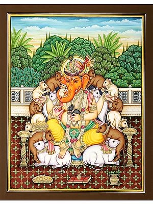Rajasthani Turbaned Ganesha Surrounded by the Happy Rats