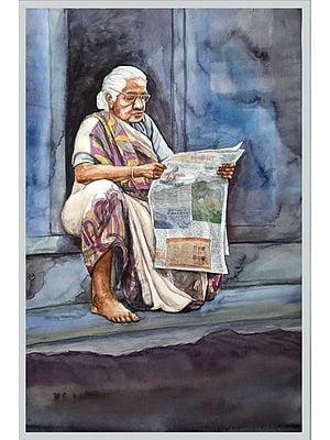 Old Lady Reading a Newspaper | Painting by Noharika Deogade