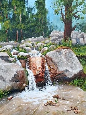 Waters through the Rocks | Acrylic Painting on Canvas with Frame | Kulwinder Singh