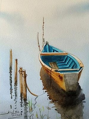 Blue Boat Artwork | Watercolor Painting with Frame | Kulwinder Singh