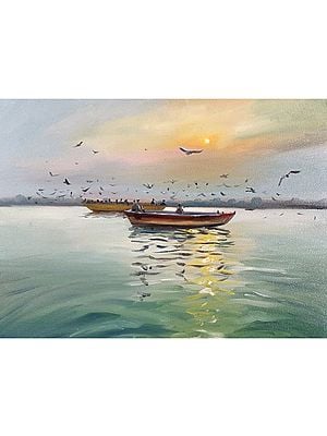 Two Boats Sunset View | Oil Painting on Canvas with Frame | Kulwinder Singh