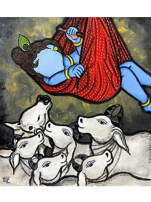 Madhava Playing with Cows | Painting by Mrinal Dutt