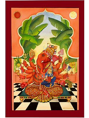 Maha Ganapati with Siddhi | Gouache on Watercolor Paper | Painting by Giri Ratna Singh