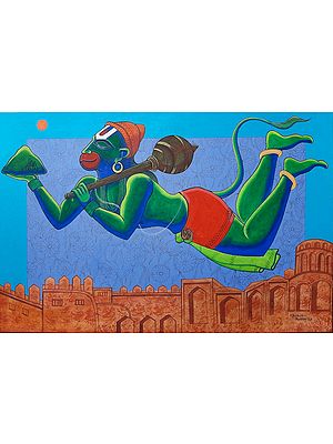 Flying Lord Hanuman With Sanjeevani | Acrylic On Canvas | Ramana Peram