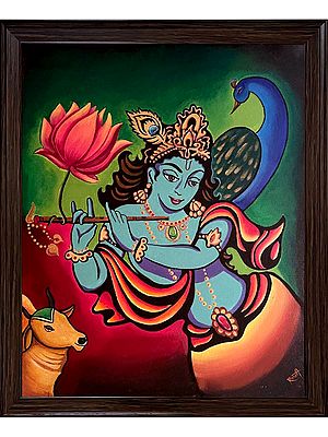 Fluting Krishna with Cow and Peacock | Acrylic on Canvas | Roshni Jashnani
