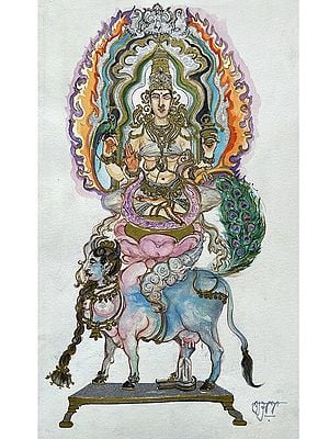 Goddess Sharadamba on Kamadhenu Cow | Water Color Painting | Anuj Shastrakar