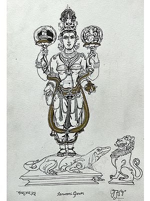 Goddess Parvati on Monitor Lizard Holding Shivling,Ganapati, Akshmala and Kamandalu | Painting on A4 Classic Style with Brush Pen | Anuj Shastrakar