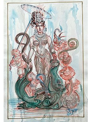 Goddess Ganga on Makara Accompanied by Dwarves | Water Color Painting | Anuj Shastrakar