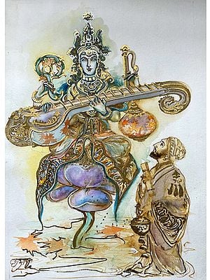 Devotee Praying Goddess Saraswati Sitting on Lotus | Water Color Painting | Anuj Shastrakar