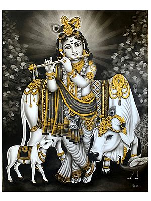 Lord Krishna Playing Flute with Cow | Gold and Charcoal Painting | Gunjan Daga