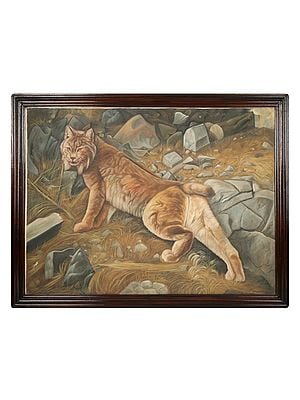 41" Wild Cat Painting with Vintage Wooden Frame | Wall Hanging