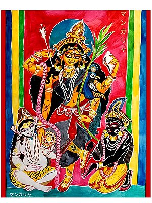 Goddess Durga Blessing Shiva and Krishna | Water Colour on Paper | Mangaly Ghosh