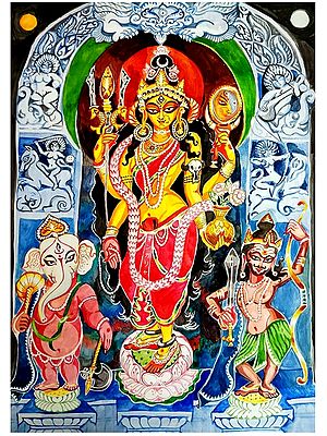 Maa Parvati With Lord Ganehsa And Kartikay | Water Colour On Paper | Mangaly Ghosh