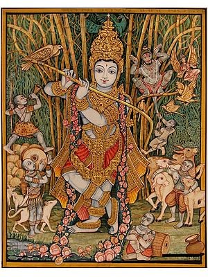 Sri Krishna In Vann | Miniature Embossed | Mysore Painting | With Frame