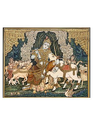 Krishna With Surabhi Cows | Gold Foil Work | Mysore Painting | With Frame