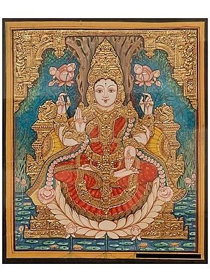 Goddess Lakshmi Mysore Painting with Frame | Embossed Gold Foil Work