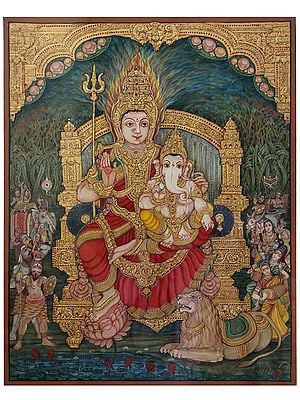 Parvati and Ganesha | Gold Foil Work | Mysore Painting with Frame
