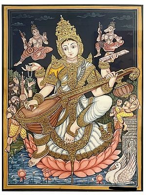 Devi Saraswati | Gold Foil Work | Mysore Painting