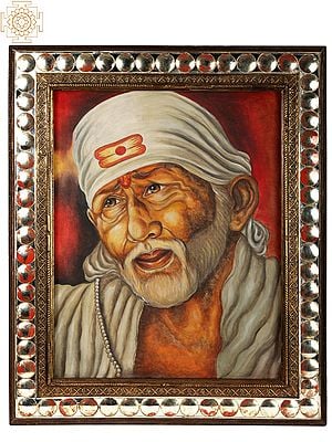 38" Sai Baba Oil Painting with Vintage Mirror Frame