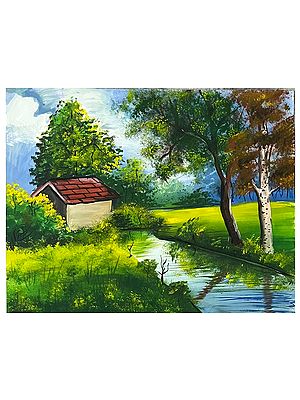 Lakeside Hut Landscape | Acrylic on Paper | Ayushi