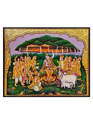 Lord Krishna Lifting Govardhana Hill | Tanjore Painting by My Angadi