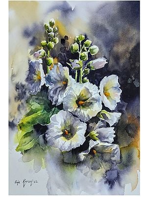 Hollyhocks Flowers | Watercolor Painting on Paper | Art by Puja Kumar