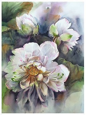 Painting of White Lotus | Watercolor on Paper | Puja Kumar
