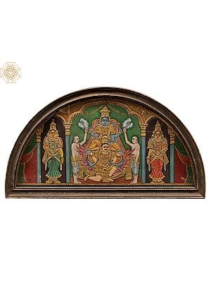 Lord Vishnu Seated on Garuda | Semicircle Shape Tanjore Painting | With Vintage Teakwood Frame