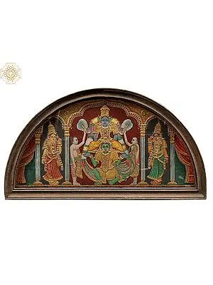 Bhakt Hanuman Holding Lord Vishnu | Semicircle Shape Tanjore Painting with Vintage Teakwood Frame