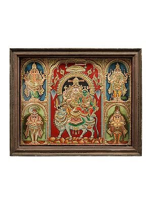 Pradosha Moorthy (Shiva Parvati) | Tanjore Painting | With Vintage Teakwood Frame
