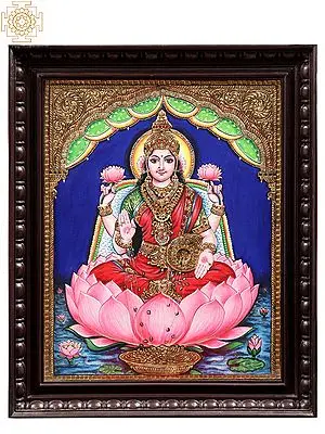 Goddess Lakshmi Seated on Lotus | Tanjore Painting | With Frame