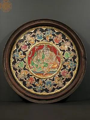 Radha Krishna Rasalila | Round Tanjore Painting | With Vintage Teakwood Frame