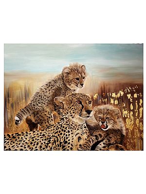 Motherhood - Mother Leopard with Cubs | Painting by Zoya