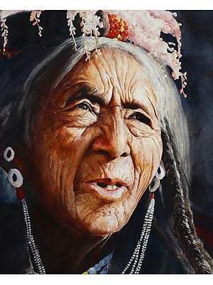 An Old Indian-Ladakhi Lady Realistic Painting | Watercolor on Paper | By Navneeth