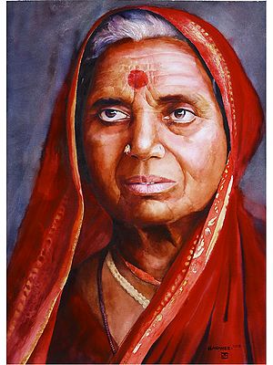 Old Lady In Maroon Sari | Watercolor On Paper | By Navneeth